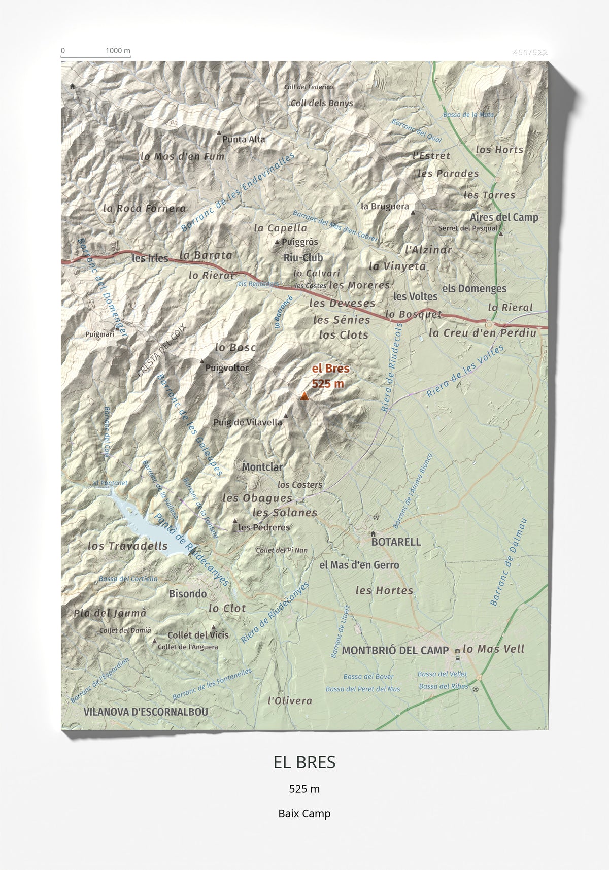 Mapa de relieve del Bres, 525 m, Baix Camp, lámina 100 Cims de Trobart 21 × 30 cm.