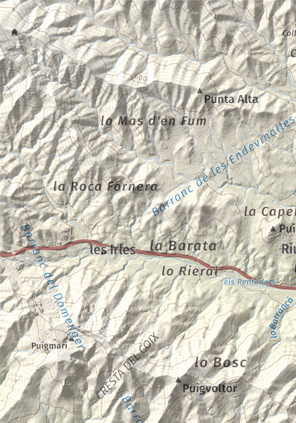 Mapa de relieve del Bres, 525 m, Baix Camp, lámina 100 Cims de Trobart. Detalle de la zona superior izquierda. 21 × 30 cm.