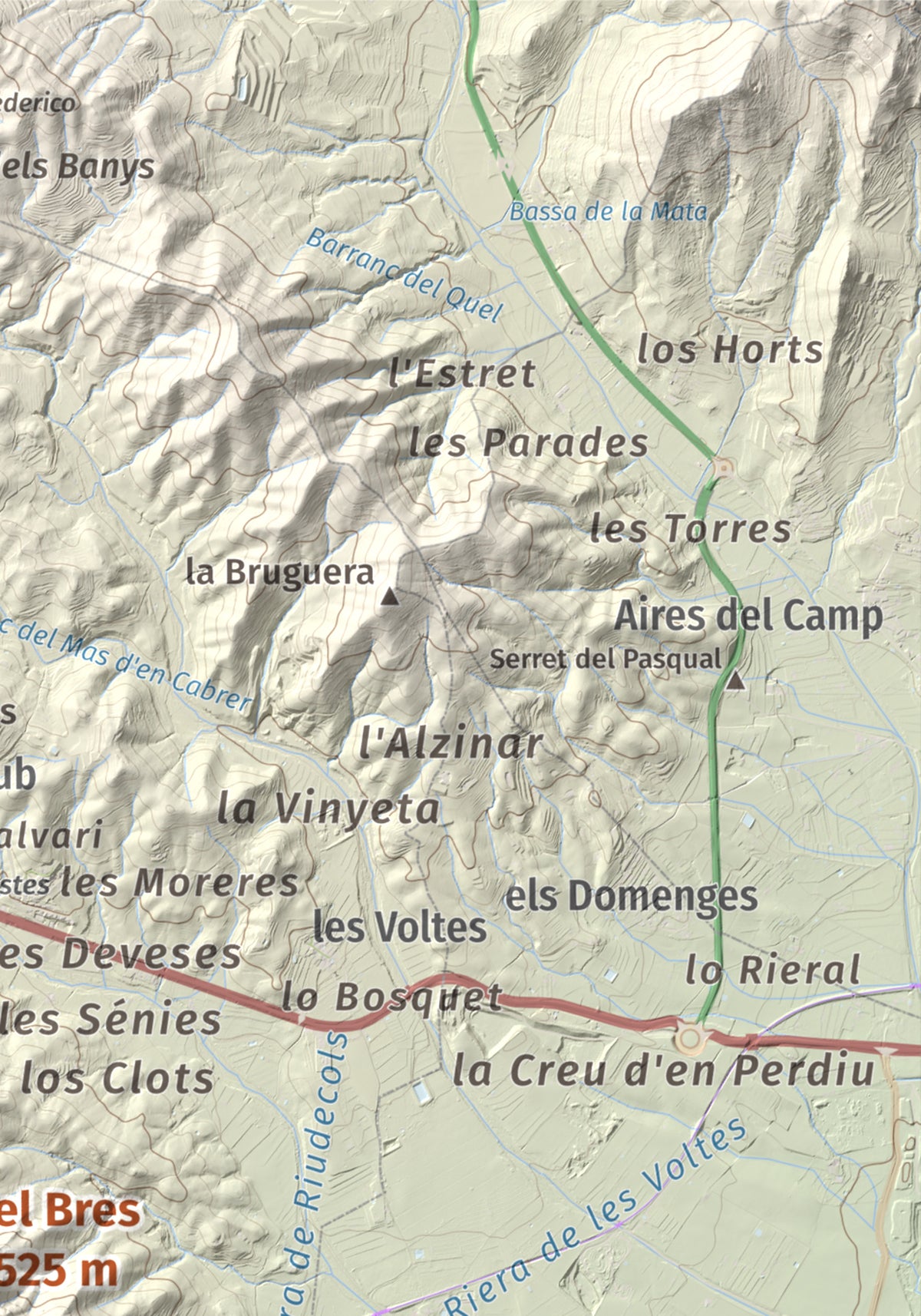 Mapa de relieve del Bres, 525 m, Baix Camp, lámina 100 Cims de Trobart. Detalle de la zona superior derecha. 21 × 30 cm.