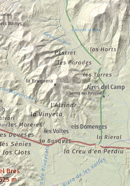 Mapa de relieve del Bres, 525 m, Baix Camp, lámina 100 Cims de Trobart. Detalle de la zona superior derecha. 21 × 30 cm.