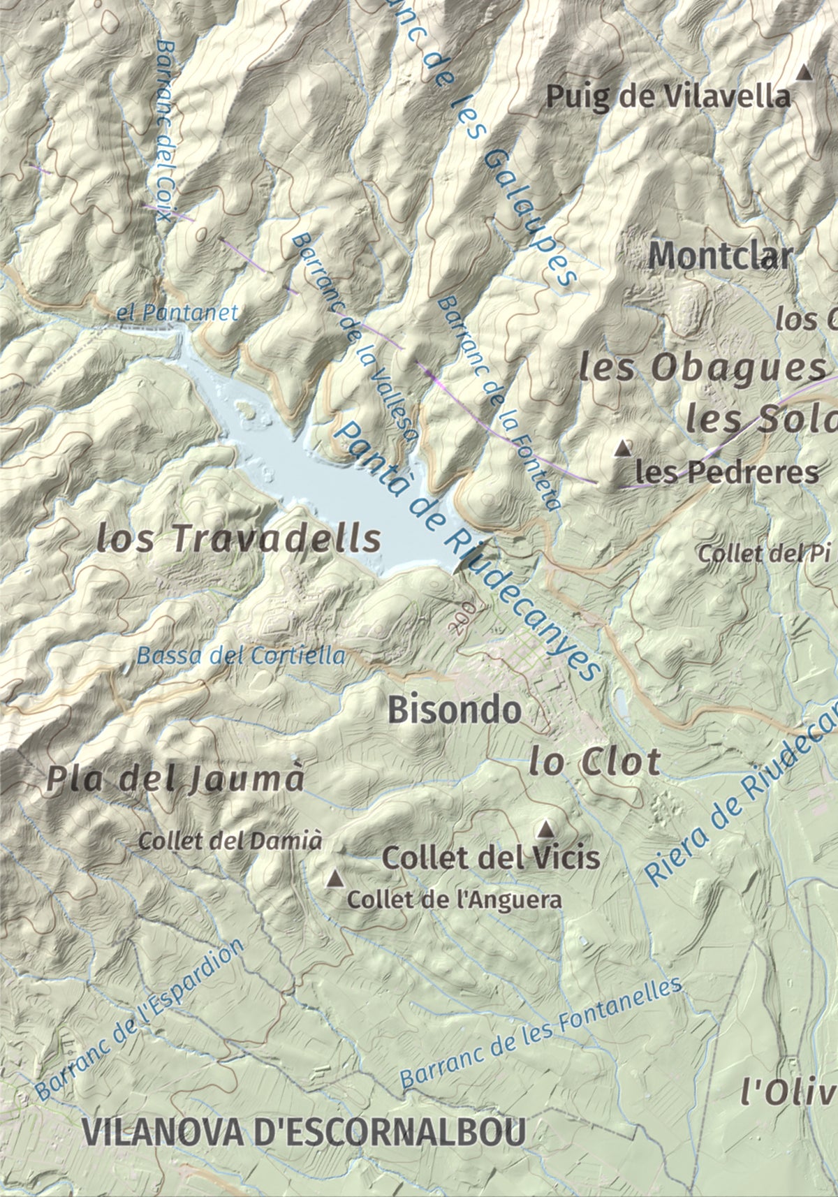 Mapa de relieve del Bres, 525 m, Baix Camp, lámina 100 Cims de Trobart. Detalle de la zona inferior izquierda. 21 × 30 cm.