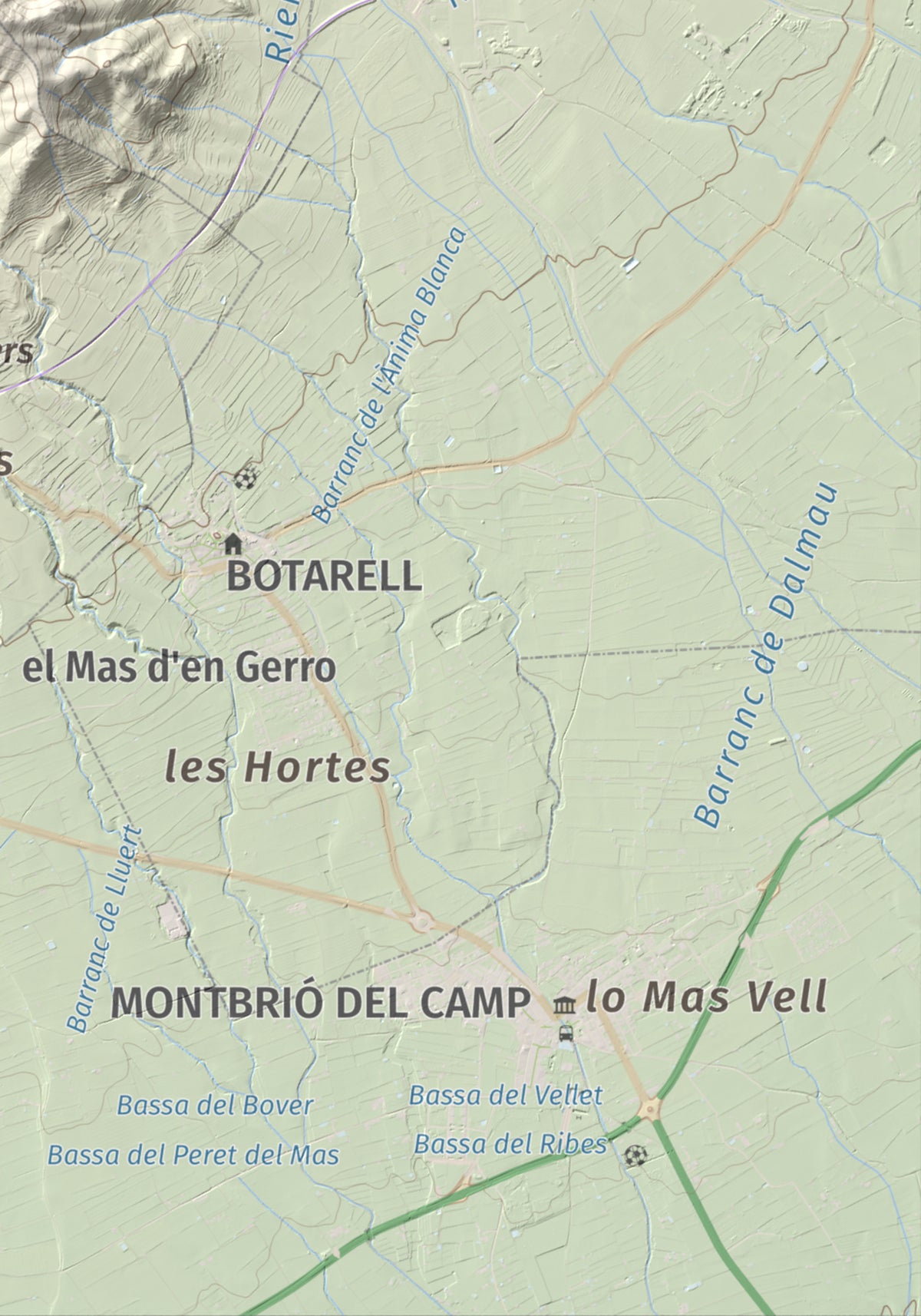 Mapa de relieve del Bres, 525 m, Baix Camp, lámina 100 Cims de Trobart. Detalle de la zona inferior derecha. 21 × 30 cm.
