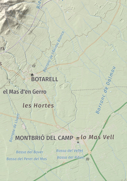 Mapa de relieve del Bres, 525 m, Baix Camp, lámina 100 Cims de Trobart. Detalle de la zona inferior derecha. 21 × 30 cm.