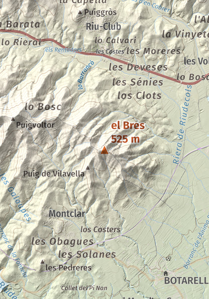 Mapa de relieve del Bres, 525 m, Baix Camp, lámina 100 Cims de Trobart. Detalle de la zona central. 21 × 30 cm.