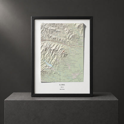 Mapa de relieve del Bres, 525 m, Baix Camp, lámina 100 Cims de Trobart. Presentación enmarcada. 30 × 40 cm.
