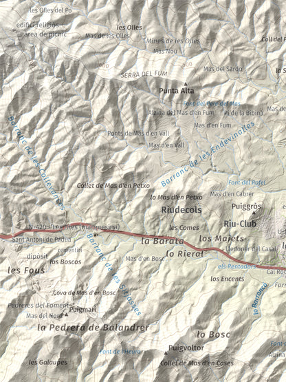 Mapa de relieve del Bres, 525 m, Baix Camp, lámina 100 Cims de Trobart. Detalle de la zona superior izquierda. 30 × 40 cm.