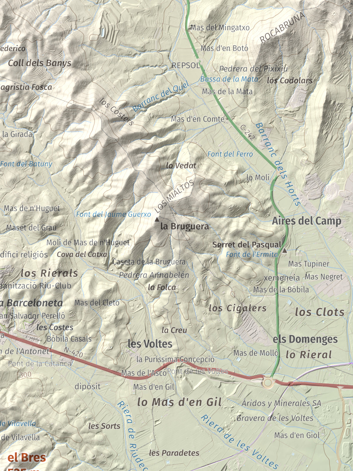 Mapa de relieve del Bres, 525 m, Baix Camp, lámina 100 Cims de Trobart. Detalle de la zona superior derecha. 30 × 40 cm.