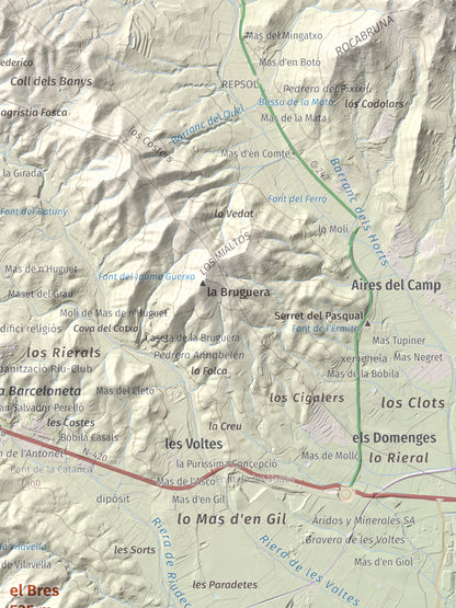 Mapa de relieve del Bres, 525 m, Baix Camp, lámina 100 Cims de Trobart. Detalle de la zona superior derecha. 30 × 40 cm.