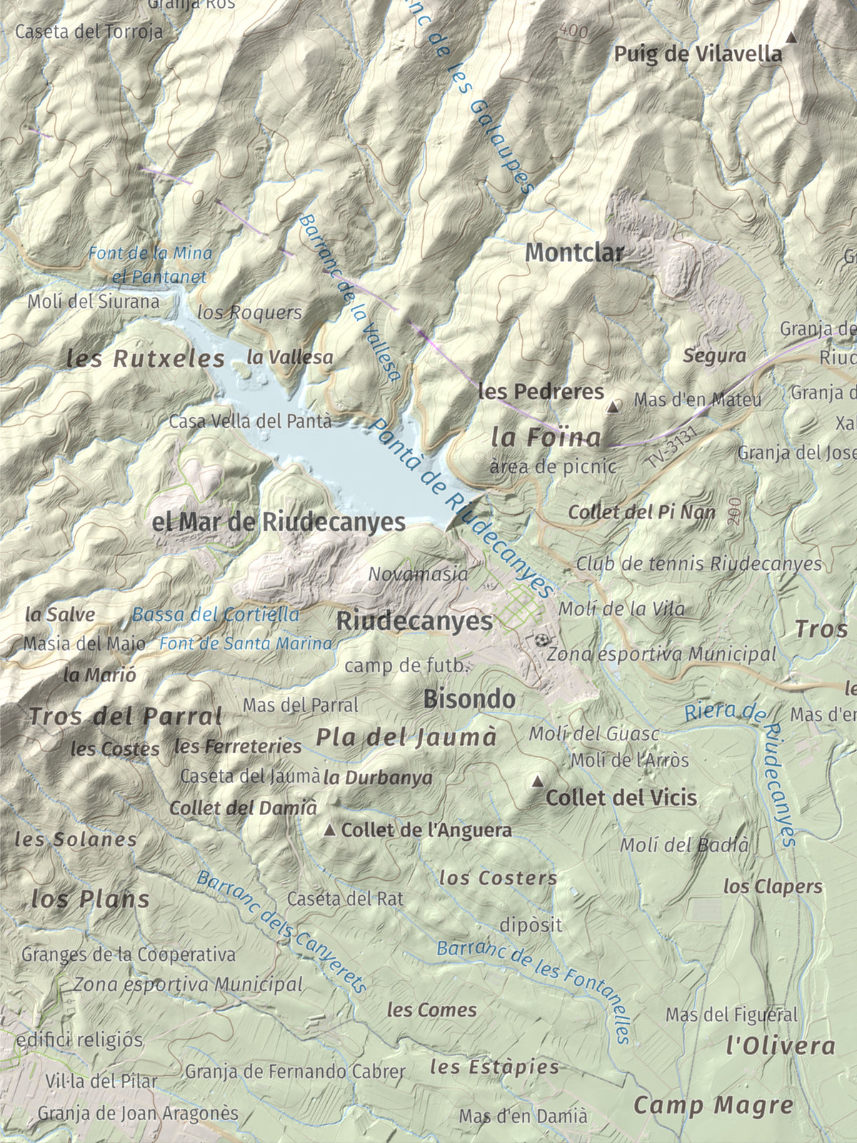 Mapa de relieve del Bres, 525 m, Baix Camp, lámina 100 Cims de Trobart. Detalle de la zona inferior izquierda. 30 × 40 cm.