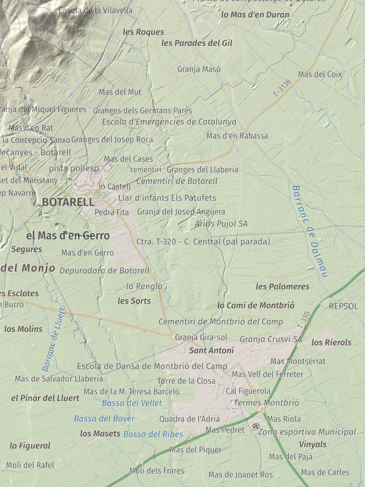 Mapa de relieve del Bres, 525 m, Baix Camp, lámina 100 Cims de Trobart. Detalle de la zona inferior derecha. 30 × 40 cm.
