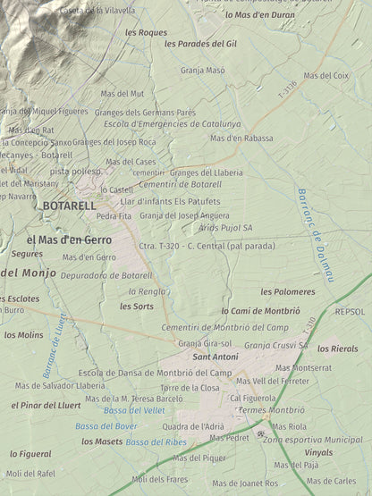 Mapa de relieve del Bres, 525 m, Baix Camp, lámina 100 Cims de Trobart. Detalle de la zona inferior derecha. 30 × 40 cm.