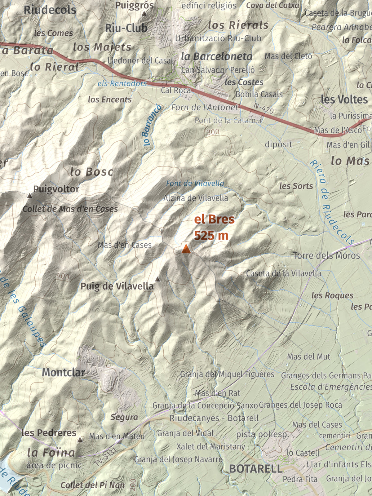 Mapa de relieve del Bres, 525 m, Baix Camp, lámina 100 Cims de Trobart. Detalle de la zona central. 30 × 40 cm.