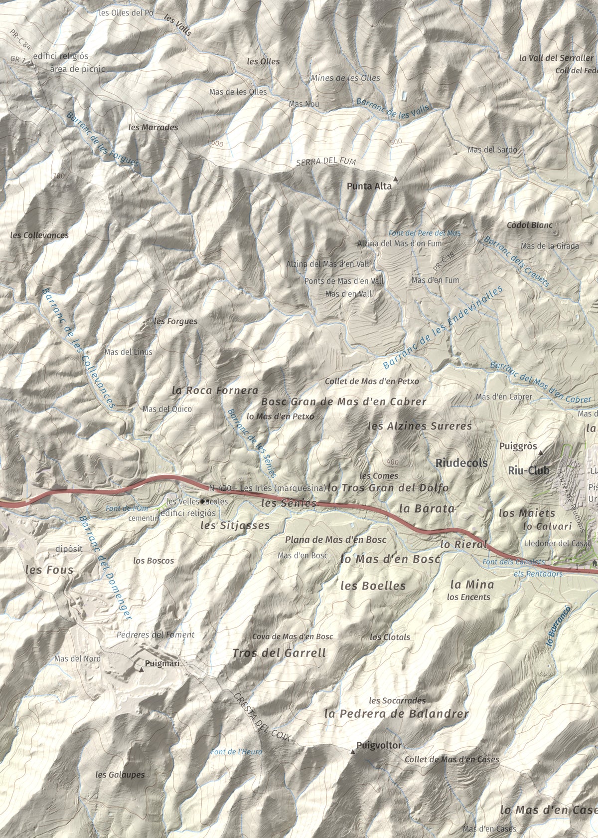 Mapa de relieve del Bres, 525 m, Baix Camp, lámina 100 Cims de Trobart. Detalle de la zona superior izquierda. 50 × 70 cm.