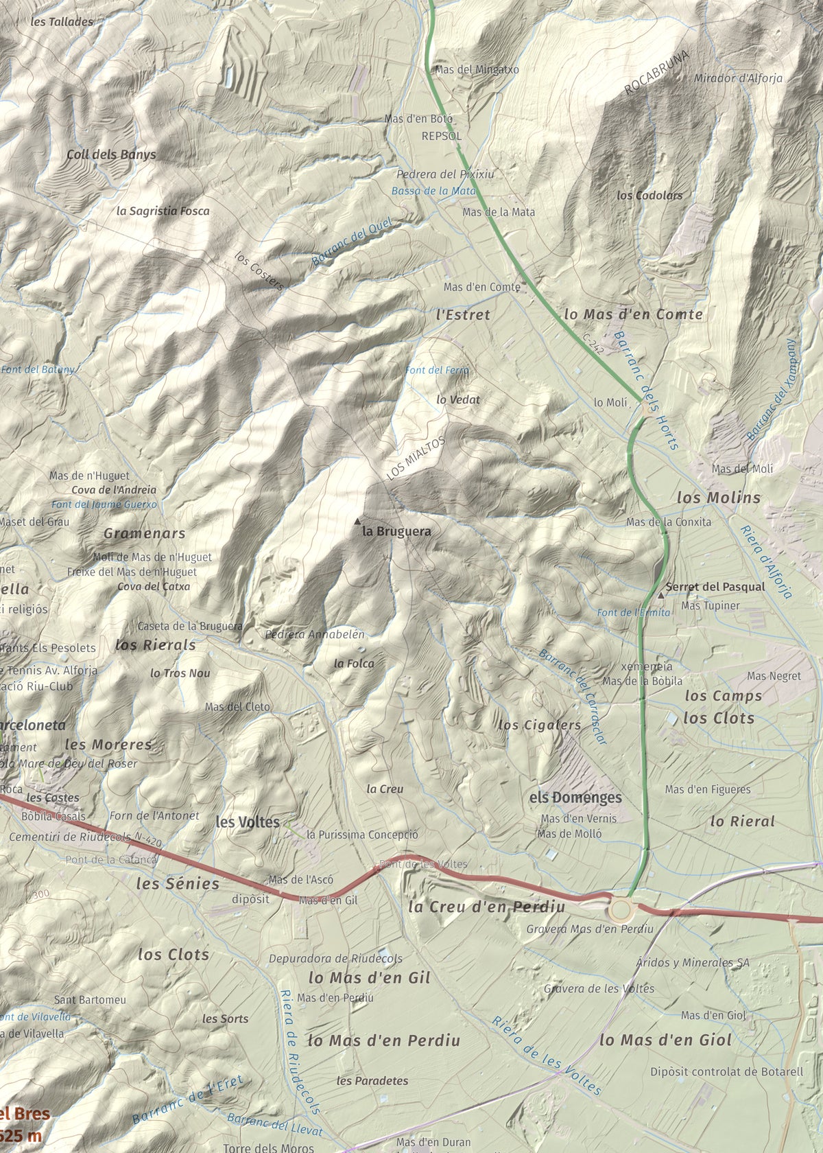 Mapa de relieve del Bres, 525 m, Baix Camp, lámina 100 Cims de Trobart. Detalle de la zona superior derecha. 50 × 70 cm.