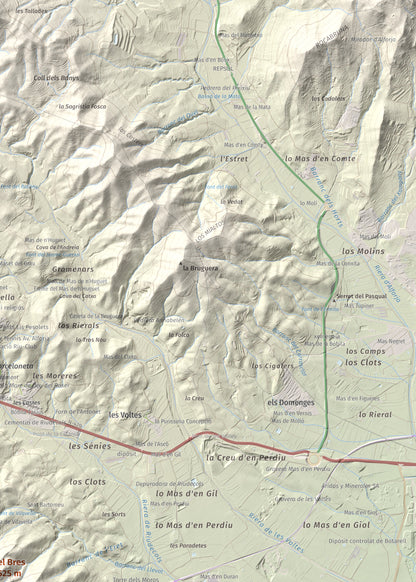 Mapa de relieve del Bres, 525 m, Baix Camp, lámina 100 Cims de Trobart. Detalle de la zona superior derecha. 50 × 70 cm.