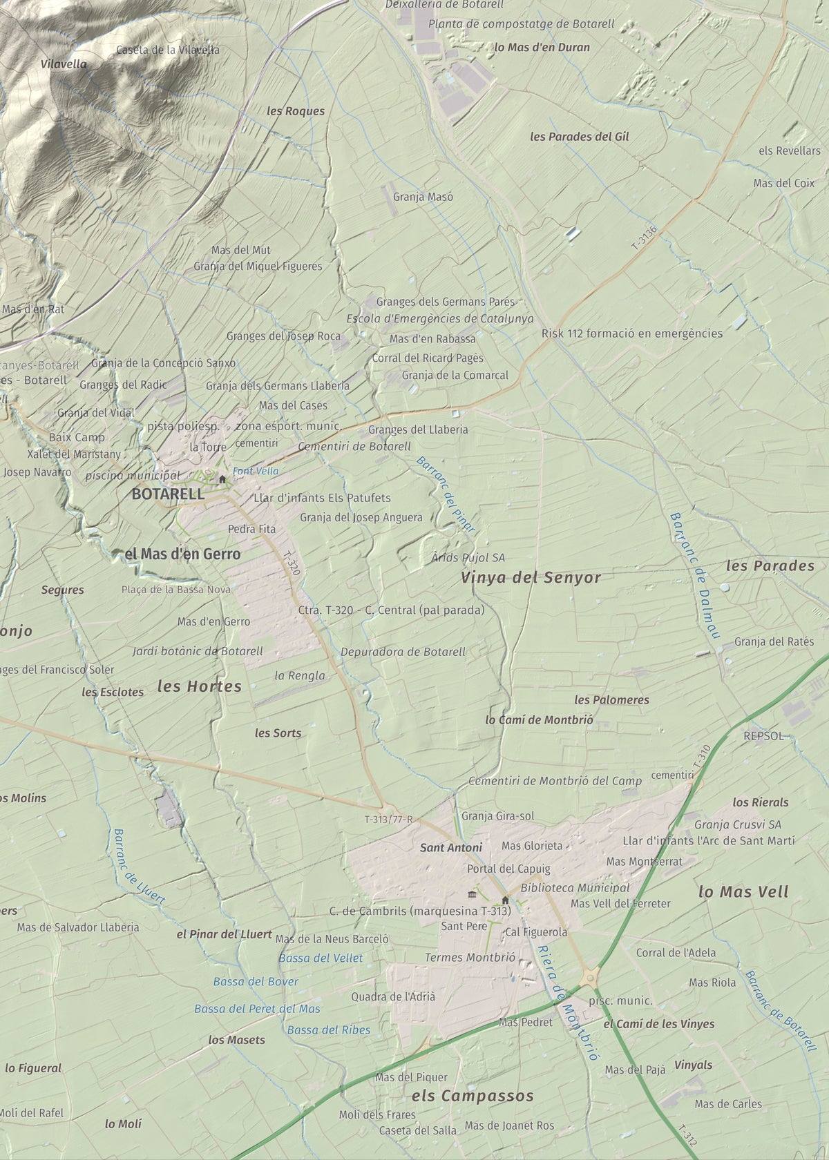 Mapa de relieve del Bres, 525 m, Baix Camp, lámina 100 Cims de Trobart. Detalle de la zona inferior derecha. 50 × 70 cm.
