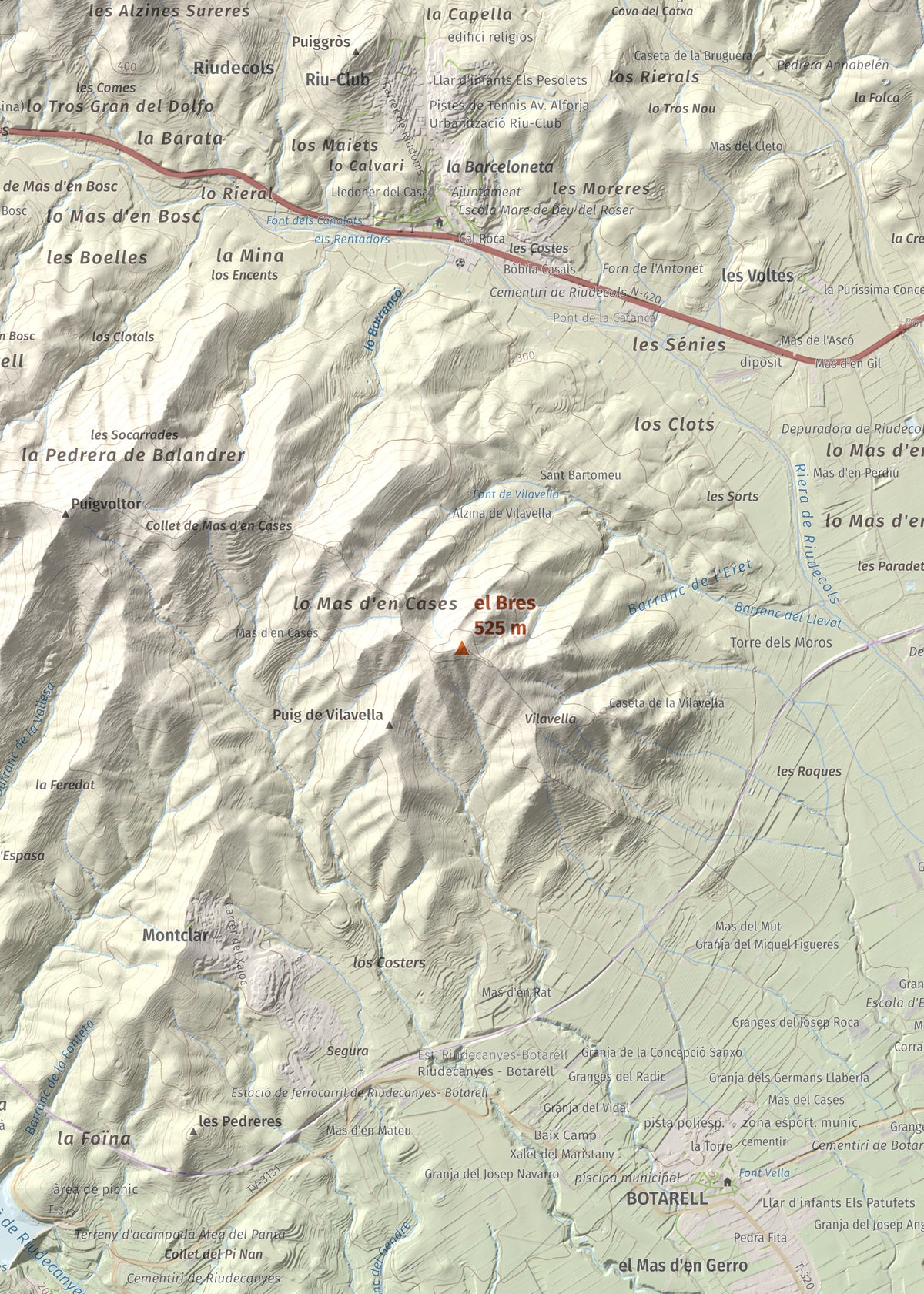 Mapa de relieve del Bres, 525 m, Baix Camp, lámina 100 Cims de Trobart. Detalle de la zona central. 50 × 70 cm.