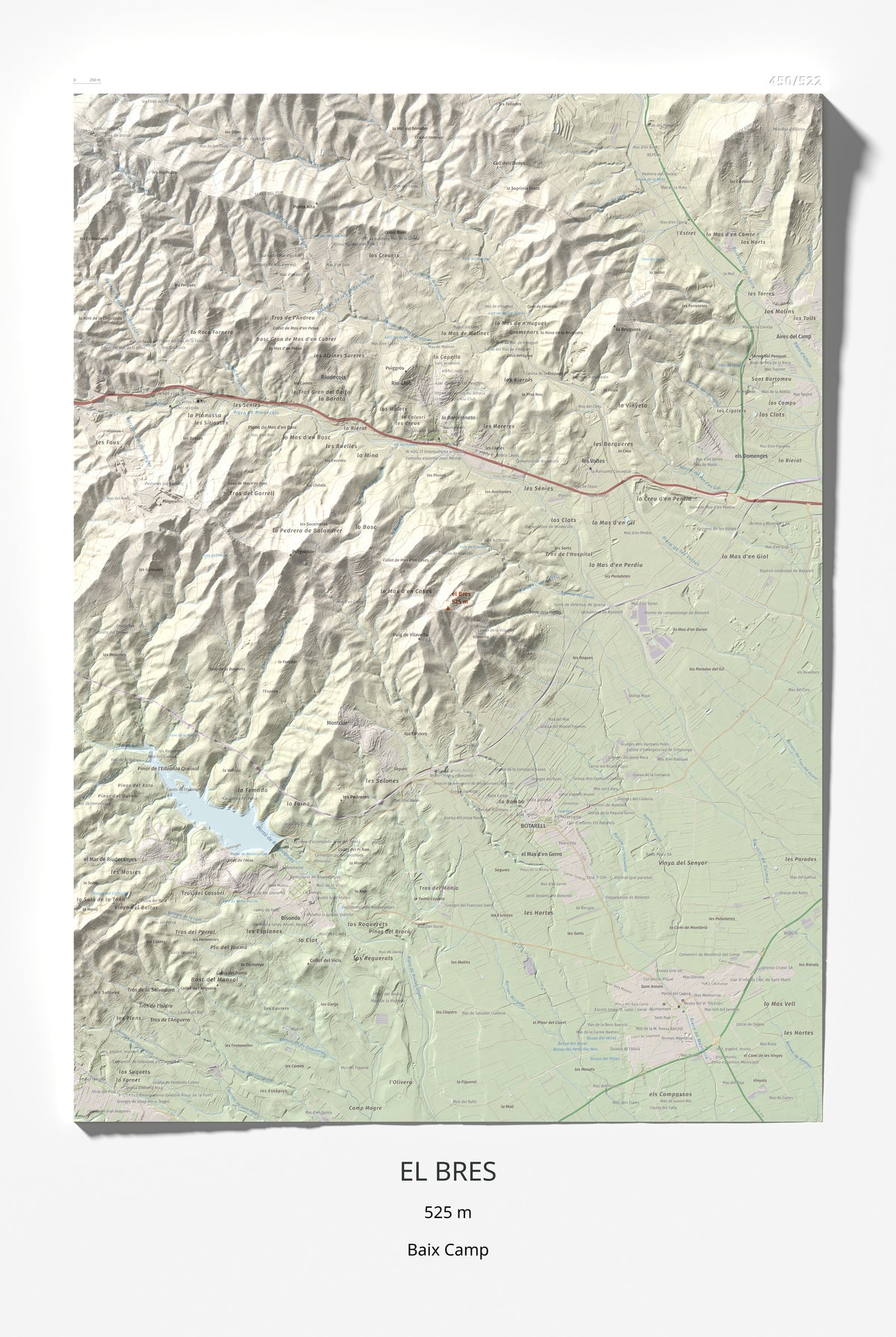 Mapa de relieve del Bres, 525 m, Baix Camp, lámina 100 Cims de Trobart 61 × 91 cm.