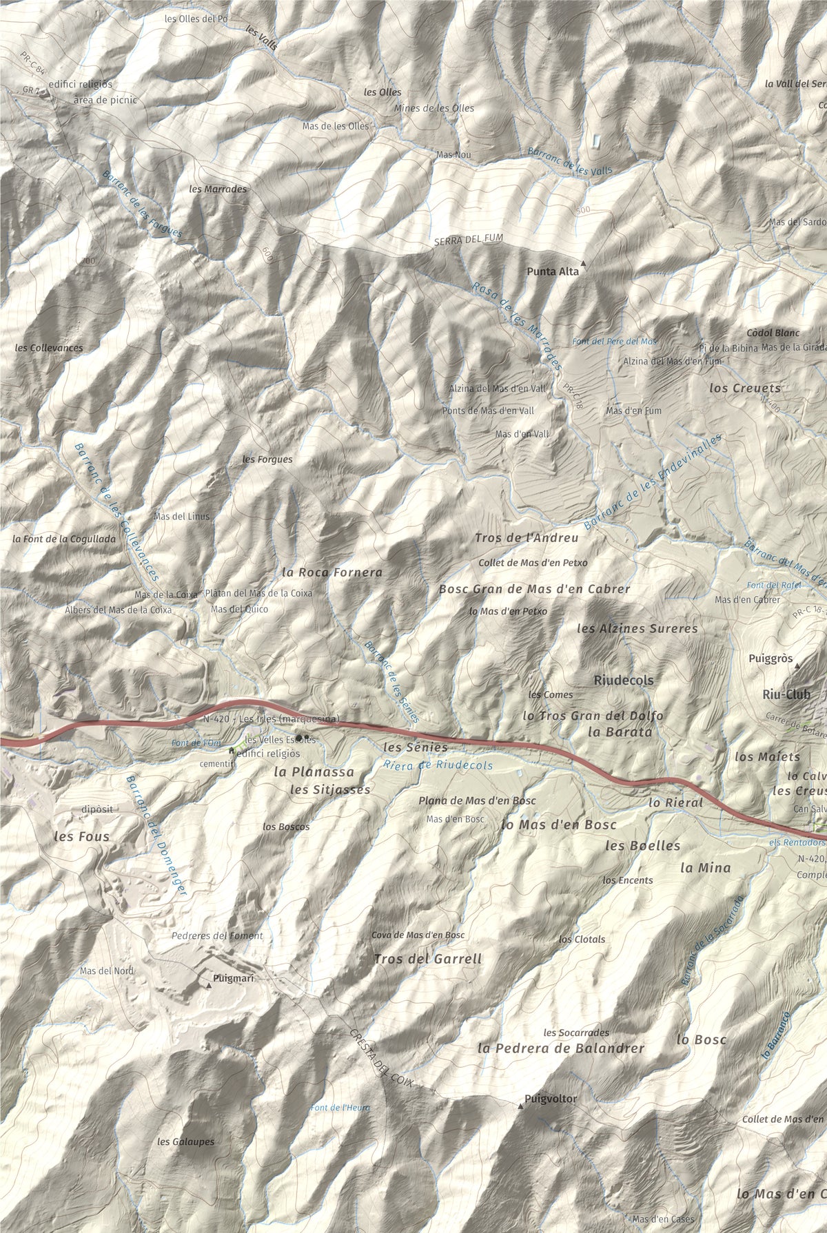 Mapa de relieve del Bres, 525 m, Baix Camp, lámina 100 Cims de Trobart. Detalle de la zona superior izquierda. 61 × 91 cm.