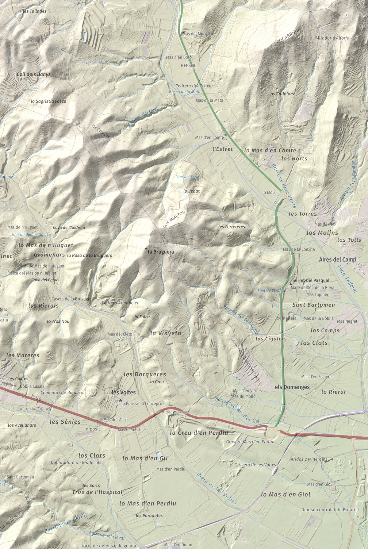 Mapa de relieve del Bres, 525 m, Baix Camp, lámina 100 Cims de Trobart. Detalle de la zona superior derecha. 61 × 91 cm.