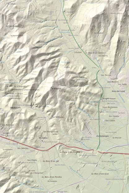 Mapa de relieve del Bres, 525 m, Baix Camp, lámina 100 Cims de Trobart. Detalle de la zona superior derecha. 61 × 91 cm.