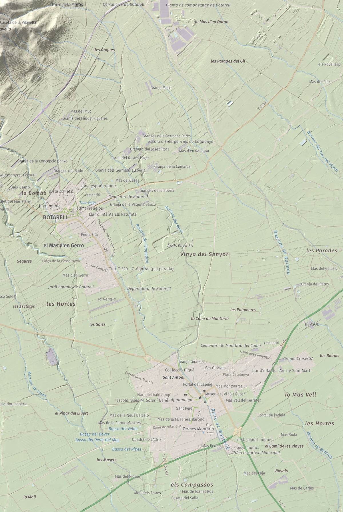 Mapa de relieve del Bres, 525 m, Baix Camp, lámina 100 Cims de Trobart. Detalle de la zona inferior derecha. 61 × 91 cm.