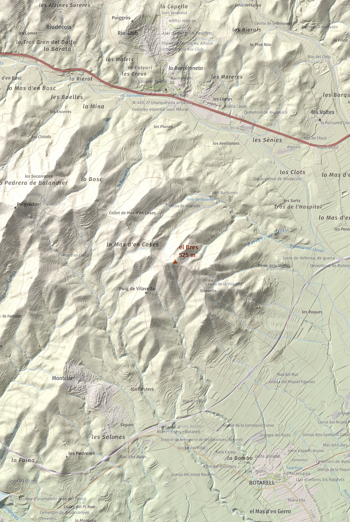 Mapa de relieve del Bres, 525 m, Baix Camp, lámina 100 Cims de Trobart. Detalle de la zona central. 61 × 91 cm.