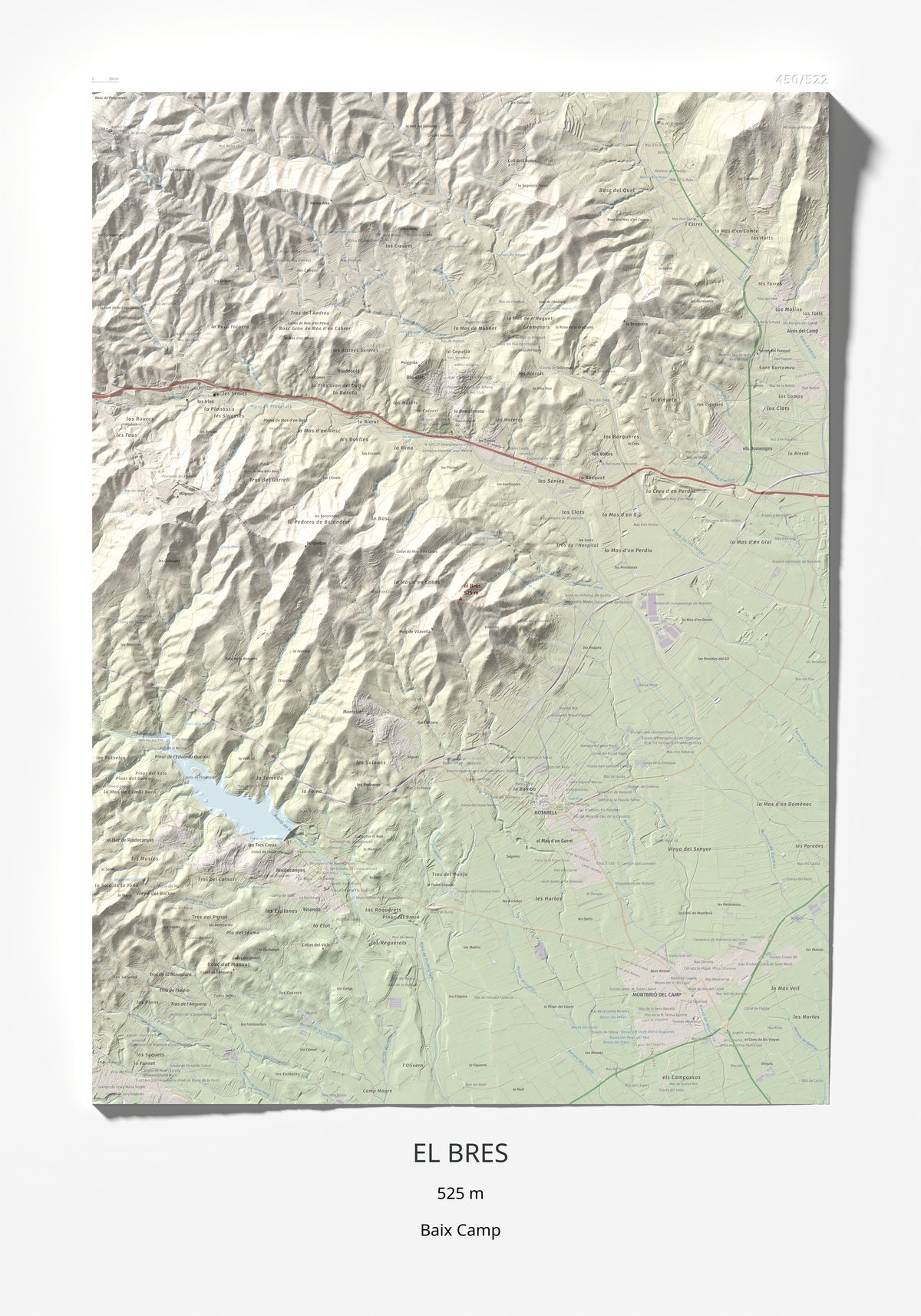 Mapa de relieve del Bres, 525 m, Baix Camp, lámina 100 Cims de Trobart 70 × 100 cm.