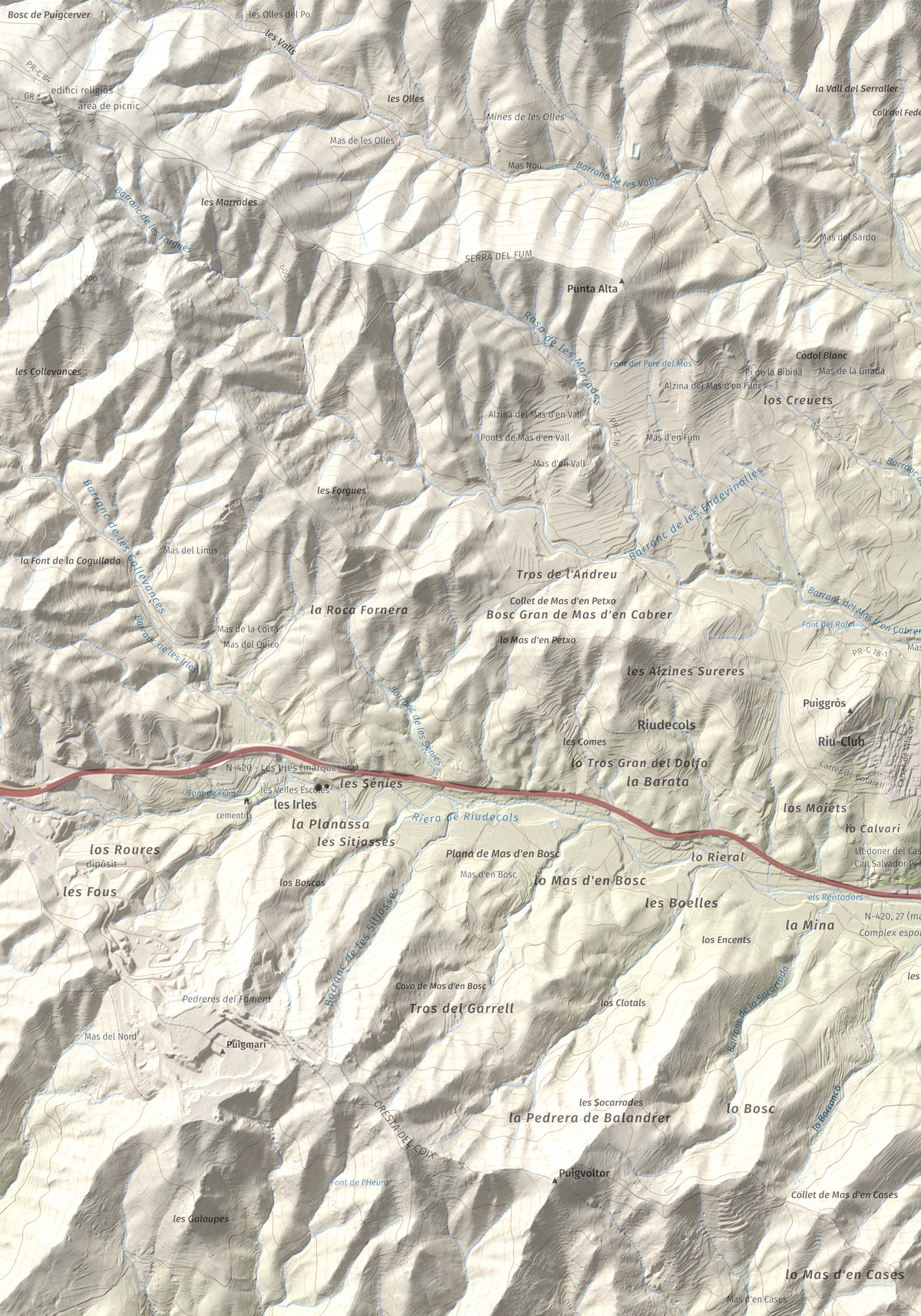 Mapa de relieve del Bres, 525 m, Baix Camp, lámina 100 Cims de Trobart. Detalle de la zona superior izquierda. 70 × 100 cm.