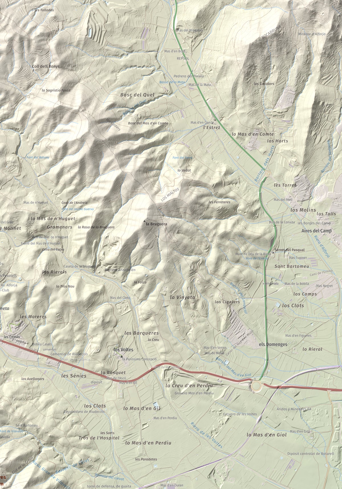 Mapa de relieve del Bres, 525 m, Baix Camp, lámina 100 Cims de Trobart. Detalle de la zona superior derecha. 70 × 100 cm.