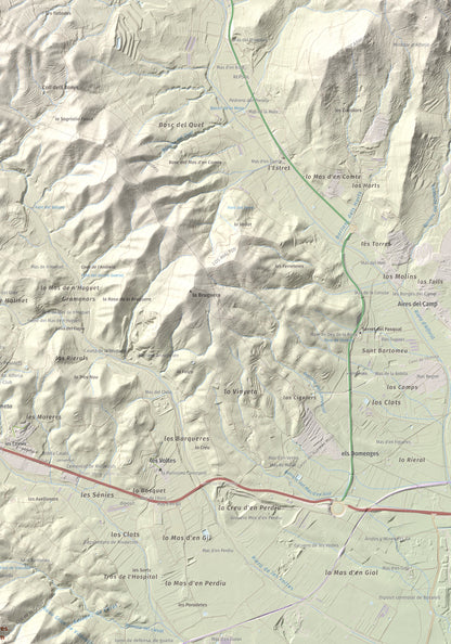 Mapa de relieve del Bres, 525 m, Baix Camp, lámina 100 Cims de Trobart. Detalle de la zona superior derecha. 70 × 100 cm.