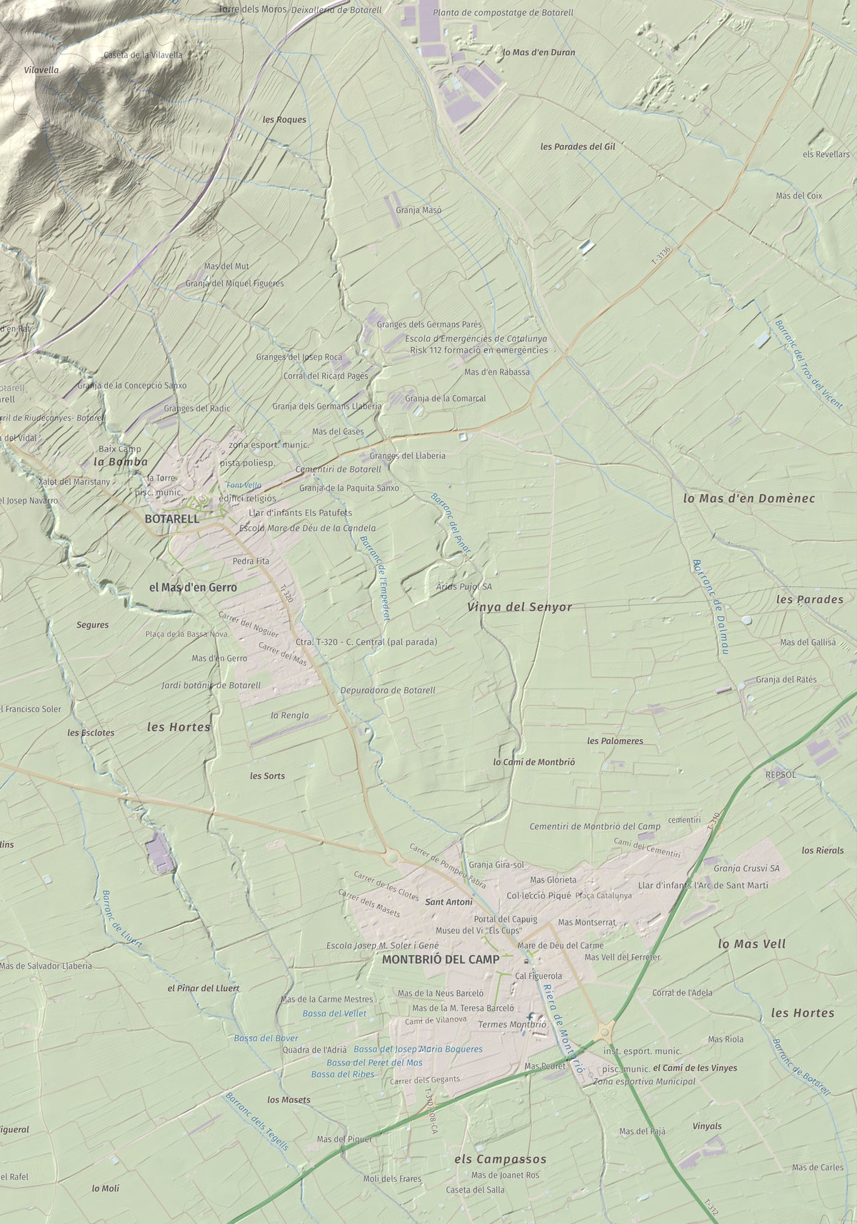 Mapa de relieve del Bres, 525 m, Baix Camp, lámina 100 Cims de Trobart. Detalle de la zona inferior derecha. 70 × 100 cm.