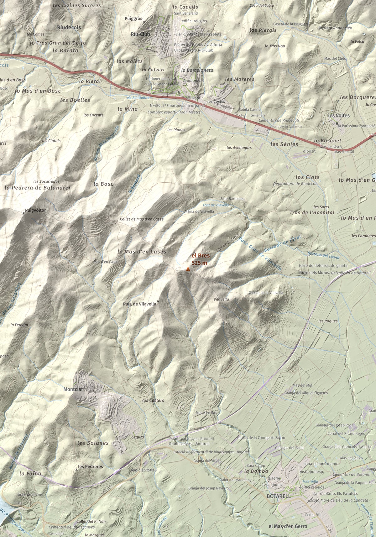 Mapa de relieve del Bres, 525 m, Baix Camp, lámina 100 Cims de Trobart. Detalle de la zona central. 70 × 100 cm.