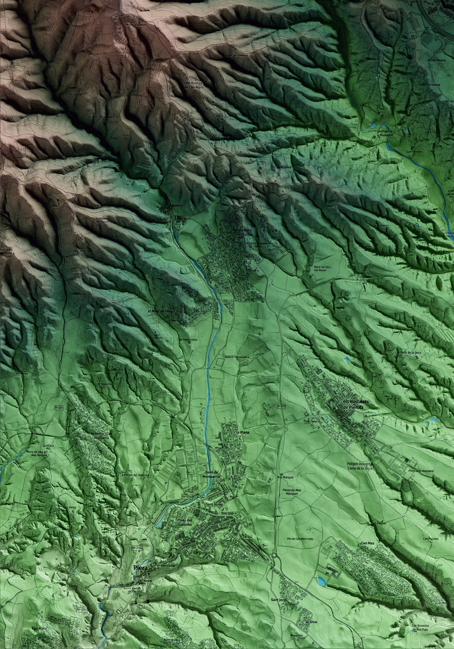 Mapa artístico del relieve del Bruc, al Anoia, con 15 km de entorno y base topográfica ICGC. Detalle de la zona inferior izquierda.