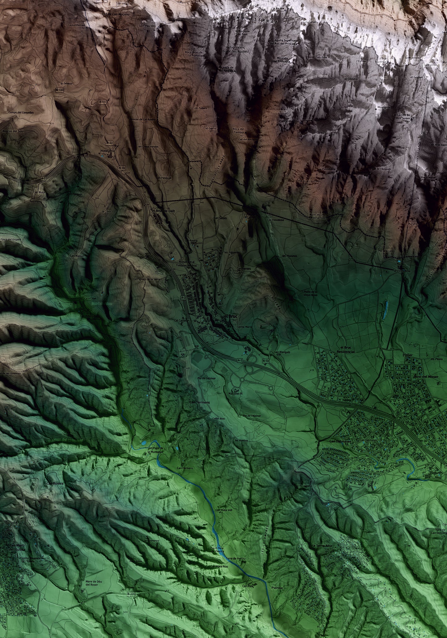 Mapa artístico del relieve del Bruc, al Anoia, con 15 km de entorno y base topográfica ICGC. Detalle de la zona central.