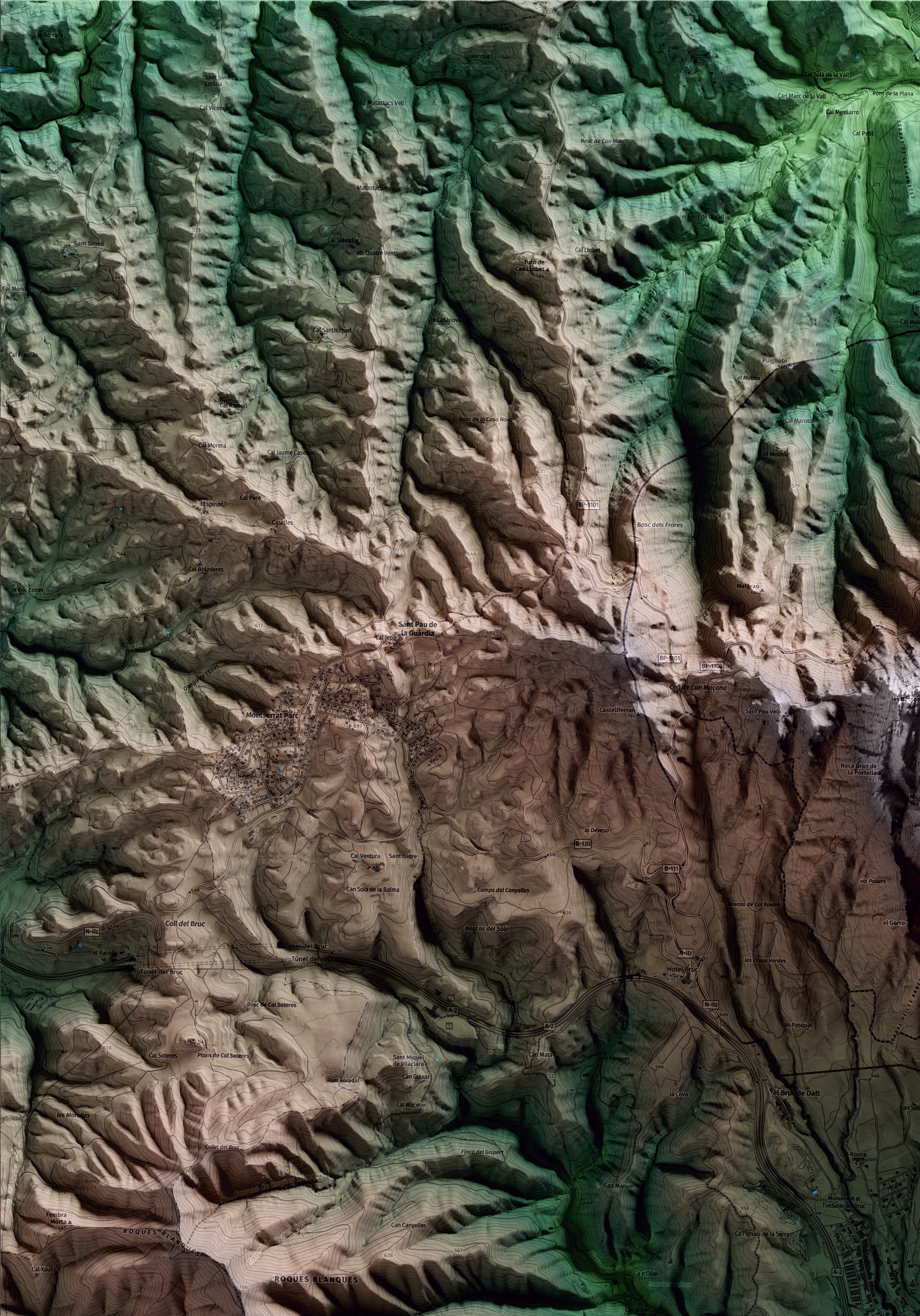 Mapa artístico del relieve del Bruc, al Anoia, con 15 km de entorno y base topográfica ICGC. Detalle de la zona superior izquierda.
