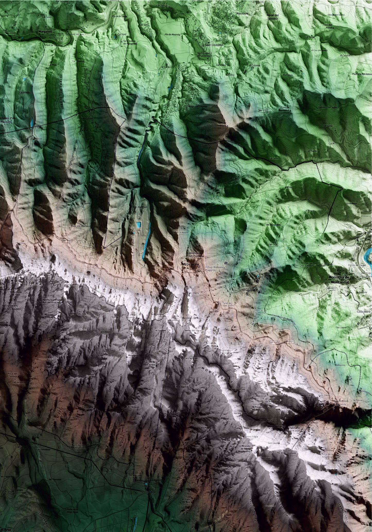 Mapa artístico del relieve del Bruc, al Anoia, con 15 km de entorno y base topográfica ICGC. Detalle de la zona superior derecha.
