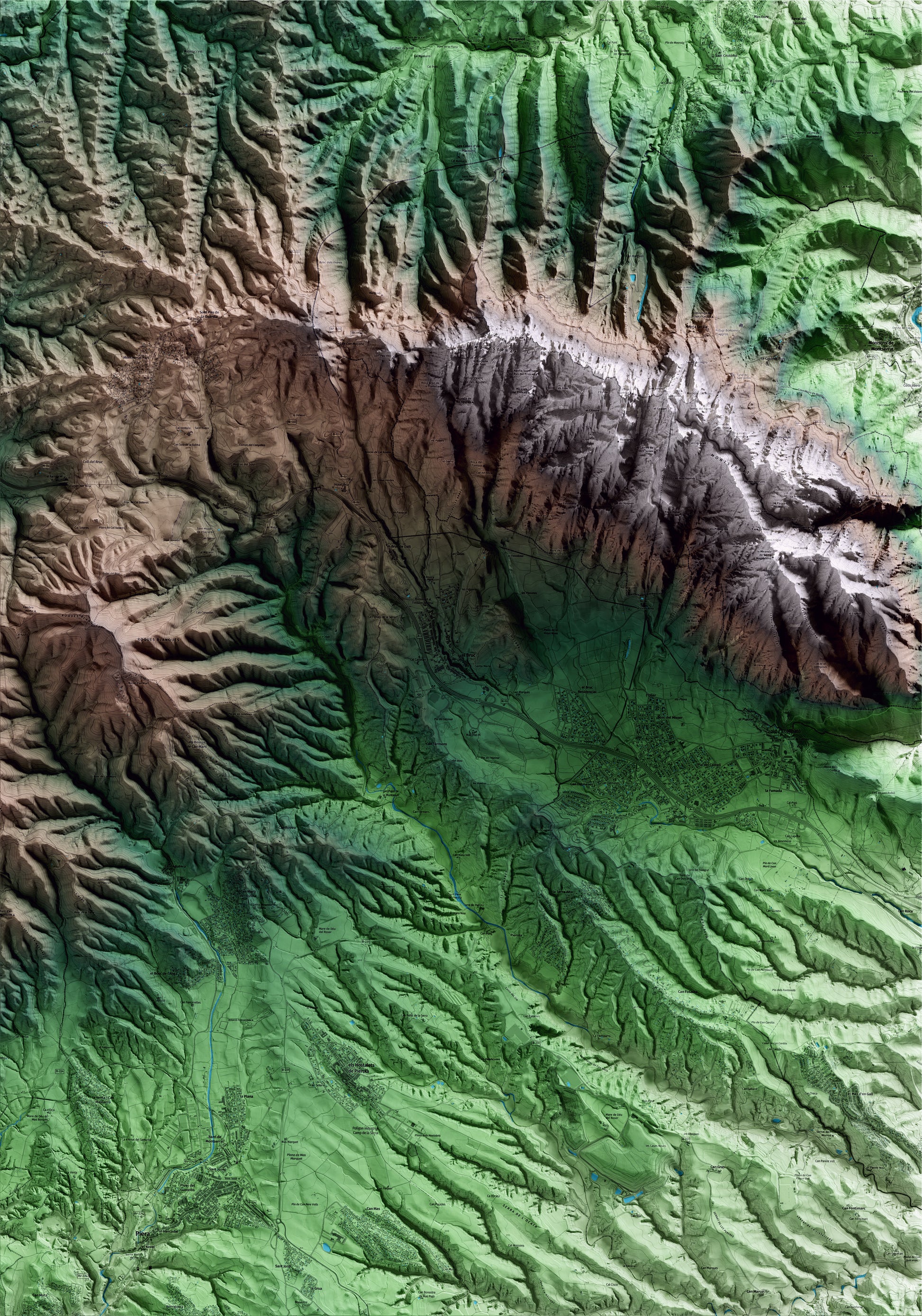 Mapa artístico del relieve del Bruc, al Anoia, con 15 km de entorno y base topográfica ICGC