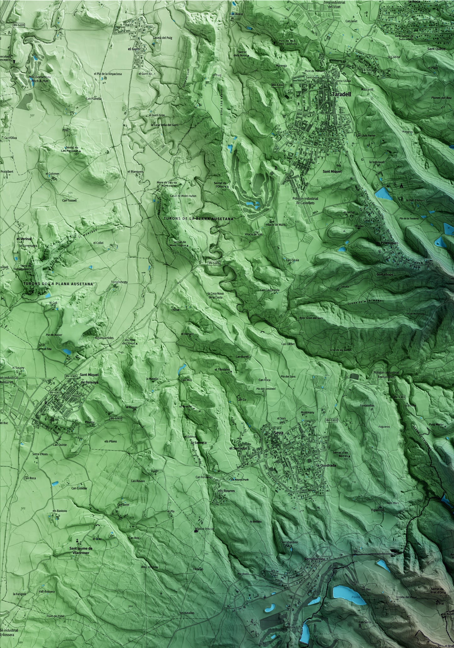 Mapa artístico del relieve del Brull, a Osona, con 15 km de entorno y base topográfica ICGC. Detalle de la zona superior izquierda.