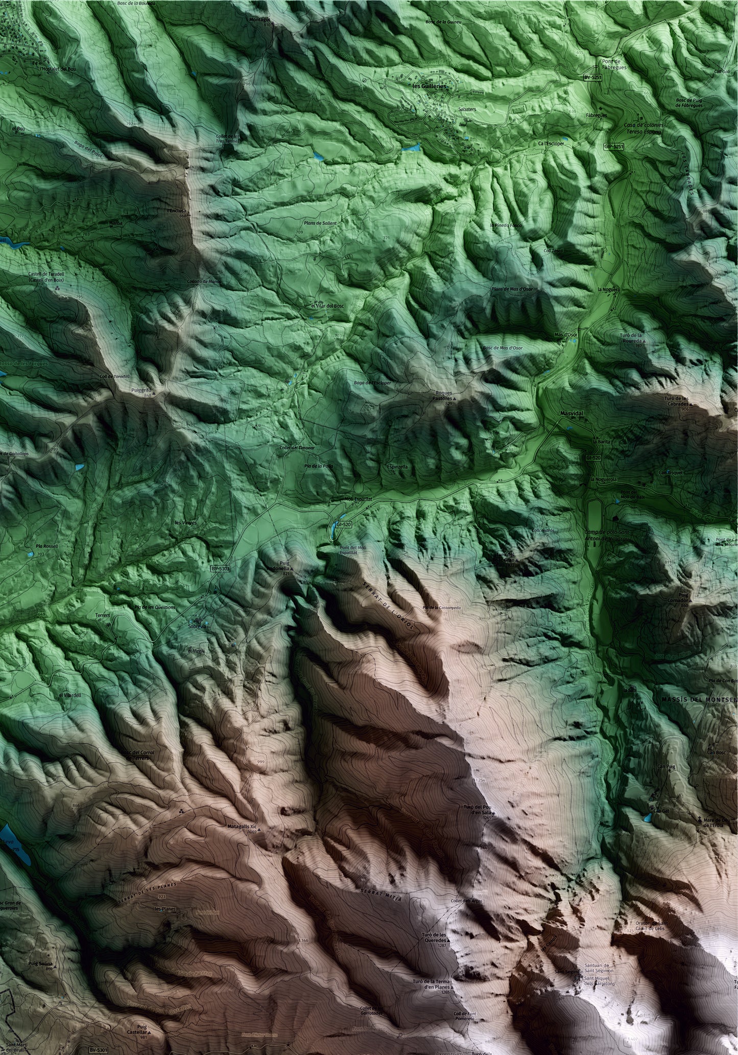 Mapa artístico del relieve del Brull, a Osona, con 15 km de entorno y base topográfica ICGC. Detalle de la zona superior derecha.
