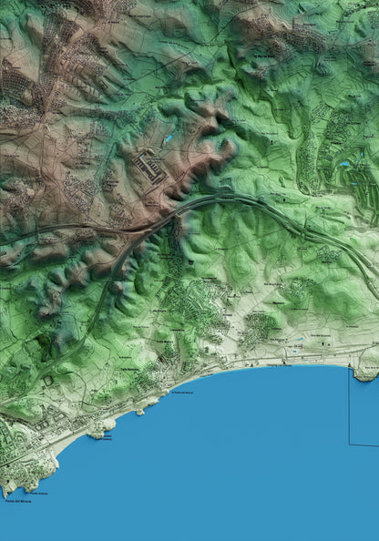 Mapa artístico del relieve del Catllar, al Tarragonès, con 15 km de entorno y base topográfica ICGC. Detalle de la zona inferior izquierda.
