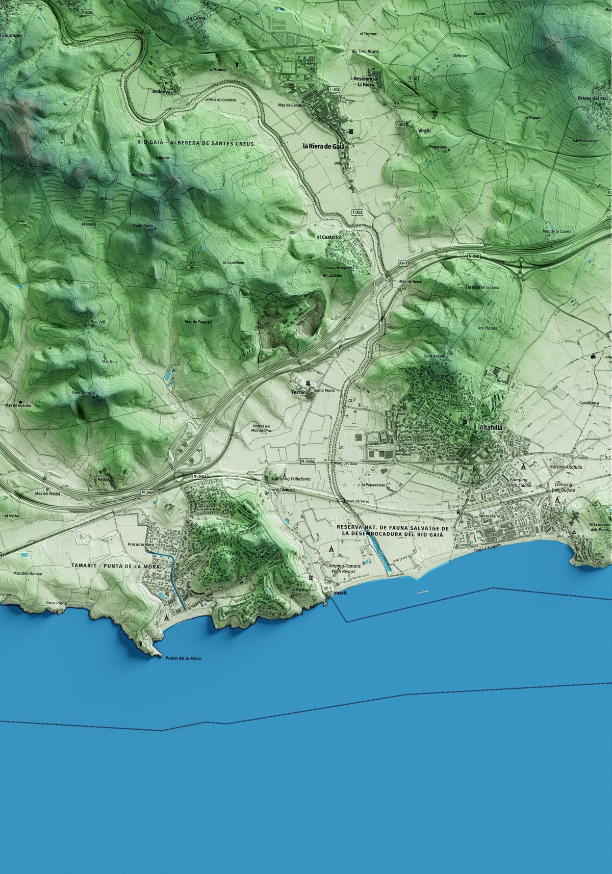 Mapa artístico del relieve del Catllar, al Tarragonès, con 15 km de entorno y base topográfica ICGC. Detalle de la zona inferior derecha.