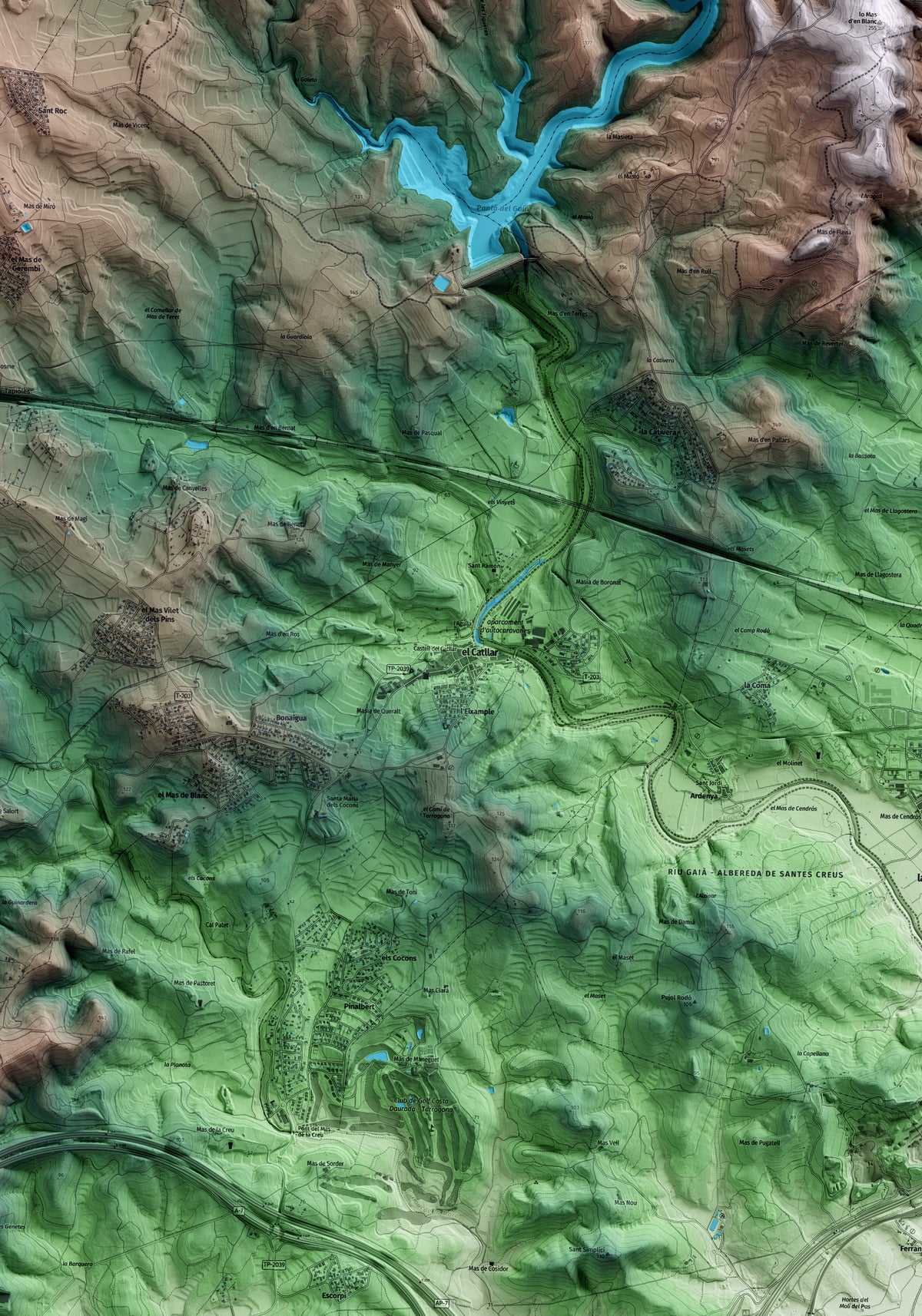 Mapa artístico del relieve del Catllar, al Tarragonès, con 15 km de entorno y base topográfica ICGC. Detalle de la zona central.