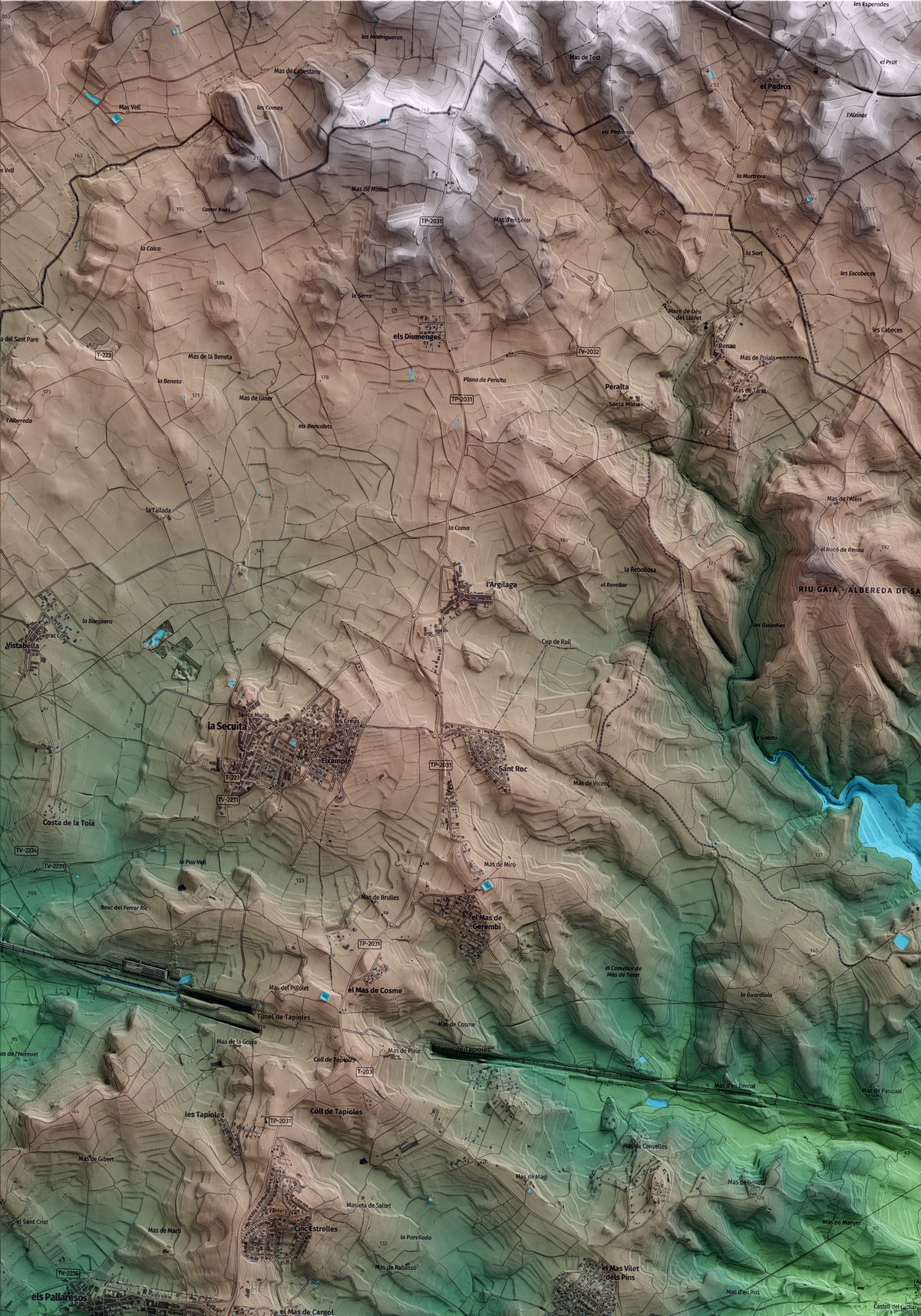 Mapa artístico del relieve del Catllar, al Tarragonès, con 15 km de entorno y base topográfica ICGC. Detalle de la zona superior izquierda.