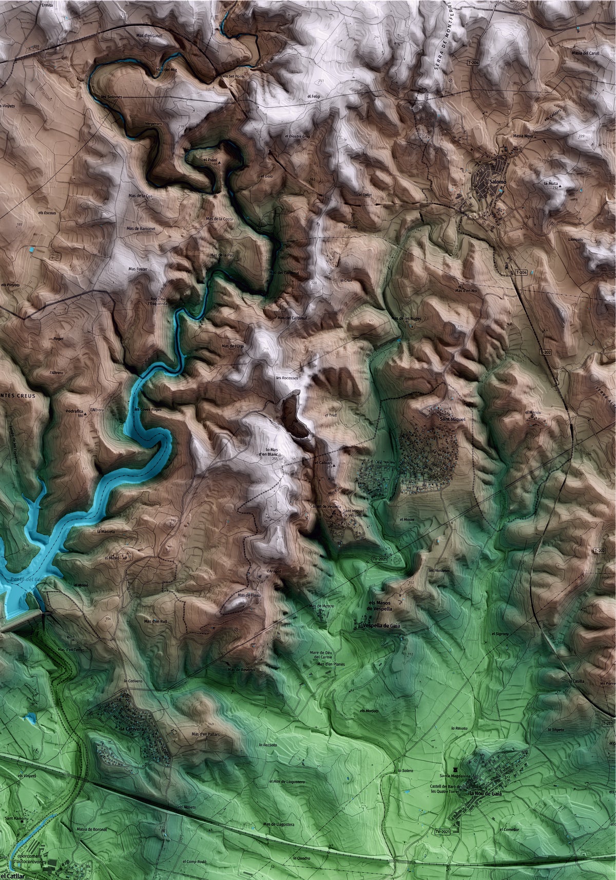 Mapa artístico del relieve del Catllar, al Tarragonès, con 15 km de entorno y base topográfica ICGC. Detalle de la zona superior derecha.