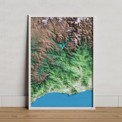 Mapa artístico del relieve del Catllar, al Tarragonès, con 15 km de entorno y base topográfica ICGC. Presentación enmarcada.
