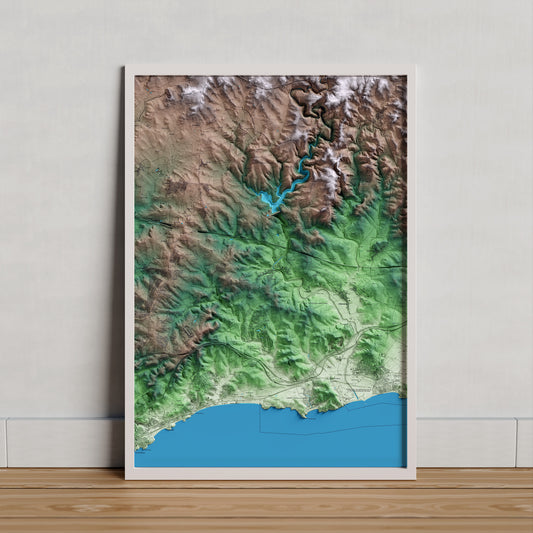 Mapa artístico del relieve del Catllar, al Tarragonès, con 15 km de entorno y base topográfica ICGC. Presentación enmarcada.