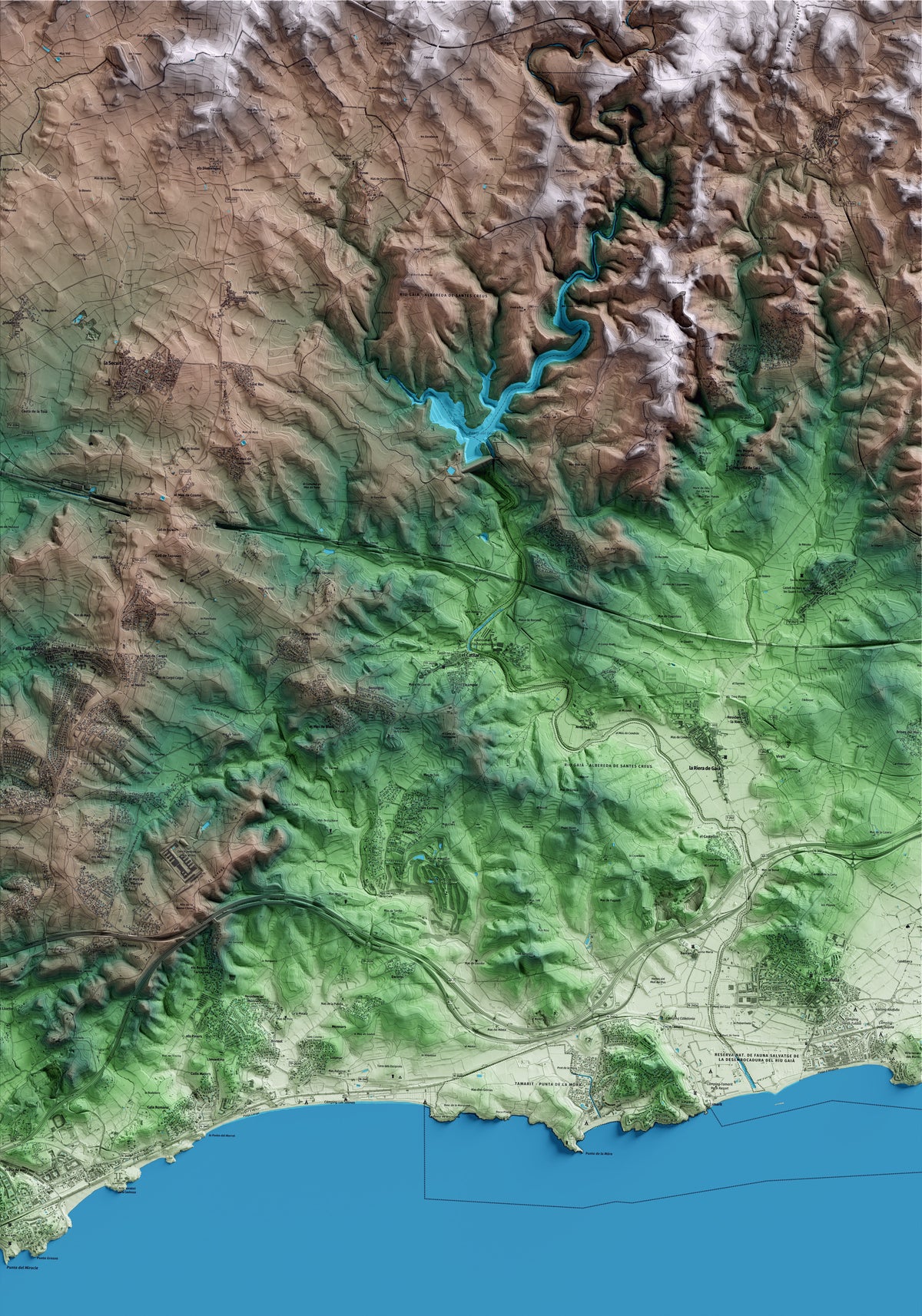 Mapa artístico del relieve del Catllar, al Tarragonès, con 15 km de entorno y base topográfica ICGC