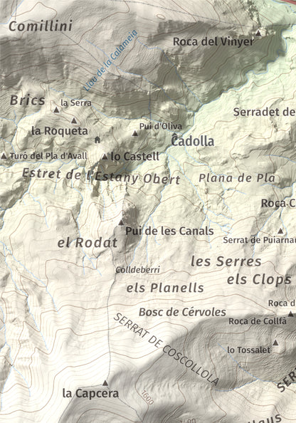 Mapa de relieve del Codó, 1327 m, Pallars Jussà, lámina 100 Cims de Trobart. Detalle de la zona superior izquierda. 21 × 30 cm.