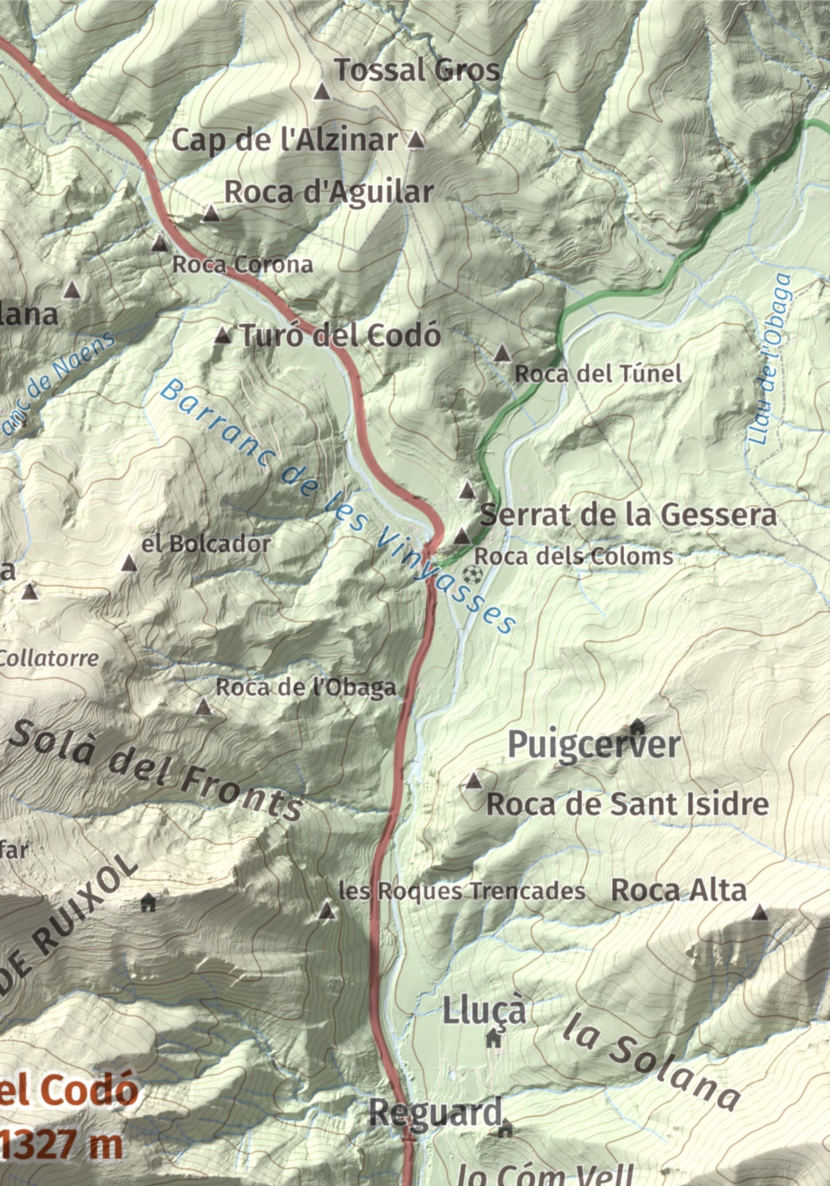 Mapa de relieve del Codó, 1327 m, Pallars Jussà, lámina 100 Cims de Trobart. Detalle de la zona superior derecha. 21 × 30 cm.